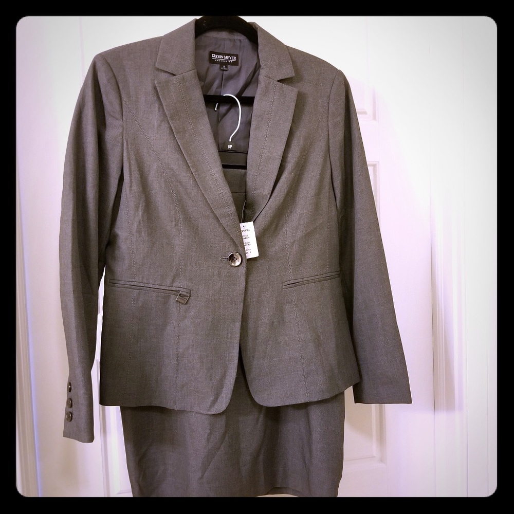 Charcoal gray skirt suit.
